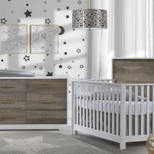 Vibe-Collection-Convertible-Crib-Double-Dresser-in-white-with-brown-bark-antique-brass-pulls-featuring-Matty-in-dusty-grey-1-300x300